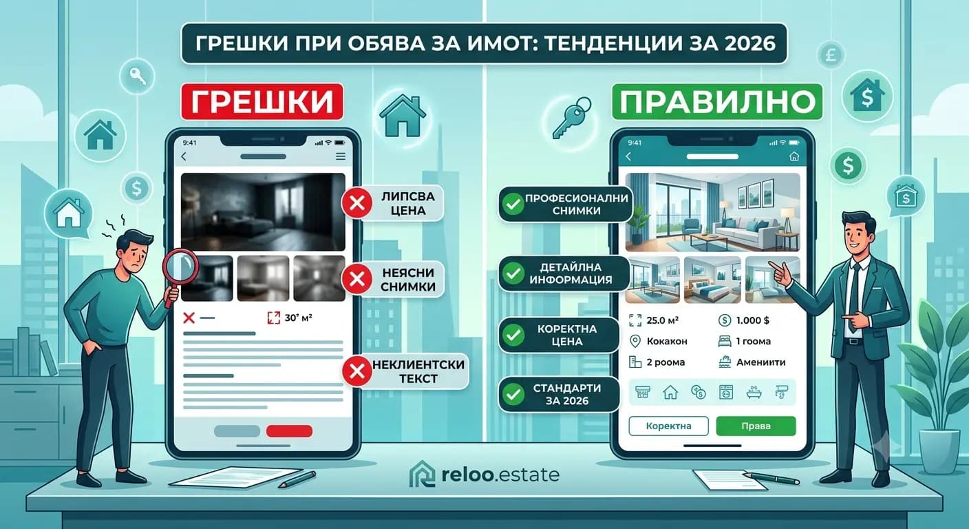 Пълно ръководство: топ 7 грешки при публикуване на обява за имот 2026 — как да подобрите обявата. Reloo Guides
